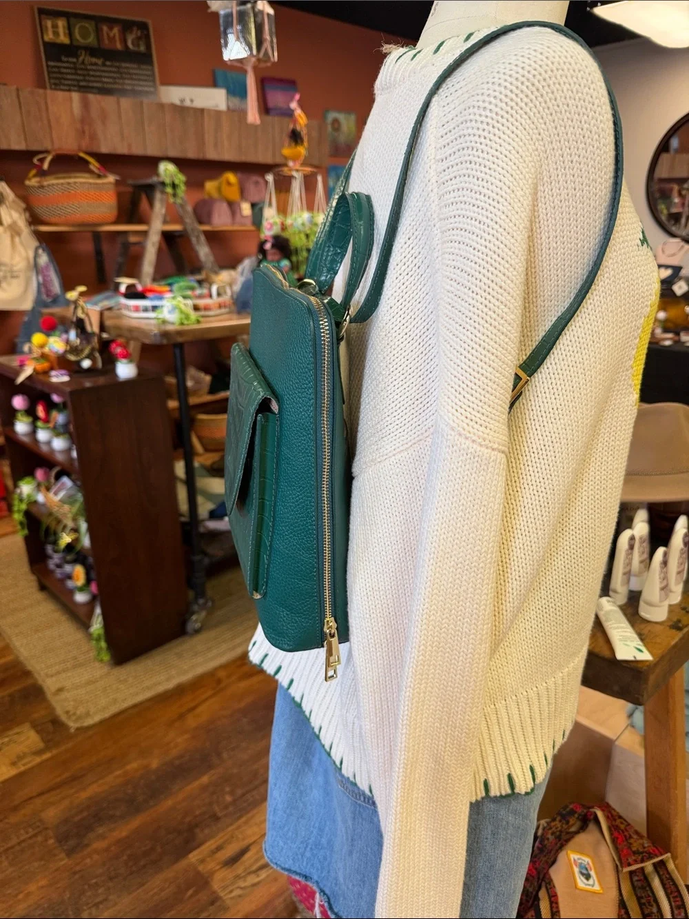 Green Croc-Texture Leather Backpack for Men